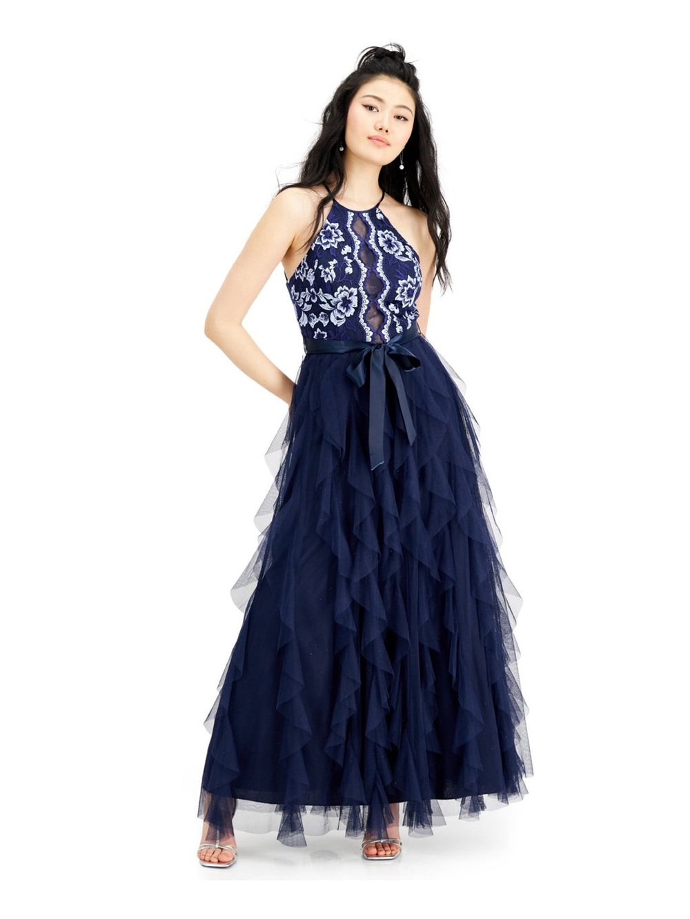 Teeze Me Navy Floral Lace Halter Tiered Tulle Gown